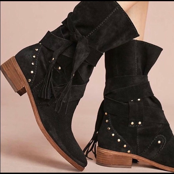 See By Chole Tassel Strap Studded Suede Flat Boots - Size 36.5 - NEW - in Black - Picture 1 of 8